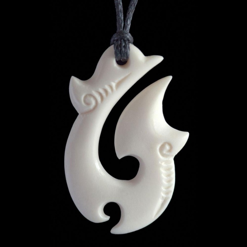 Hand Carved Bone Fish Hook Necklace or Hei-Matau in Maori