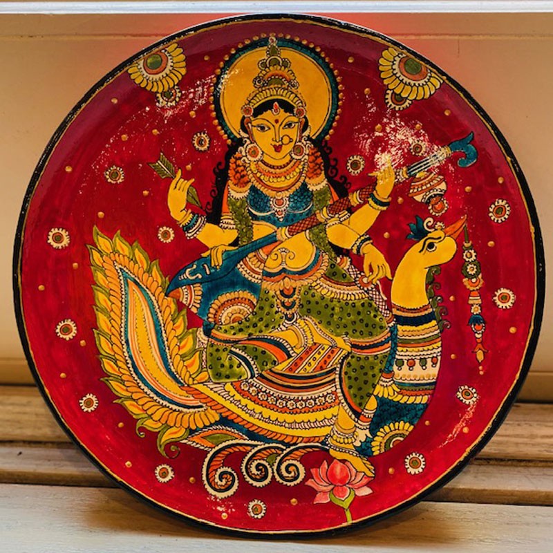 Kalamkari Art Wooden Saraswati Painting Wall Art