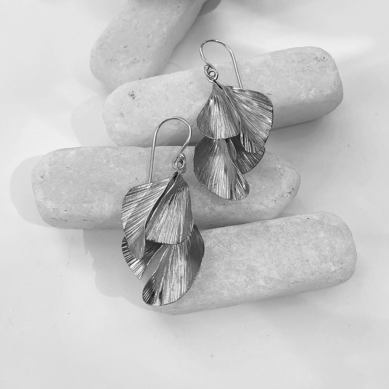 Handmade silver leaf-shape hanging earrings