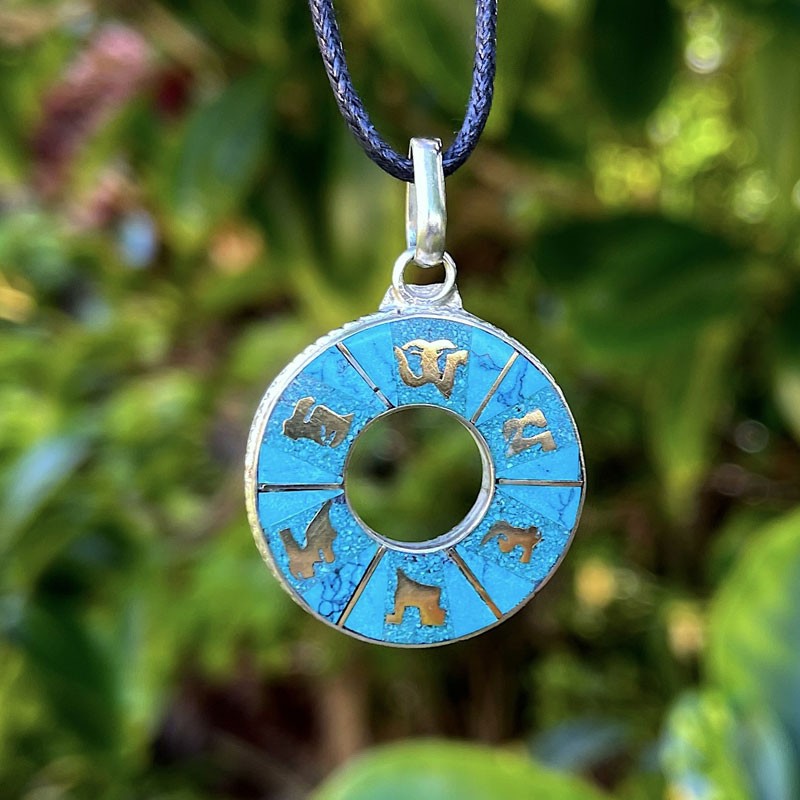 Circle Om Mani Turquoise and Brass Pendant