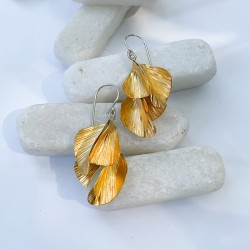 Handmade silver leaf-shape hanging earrings with gold plating