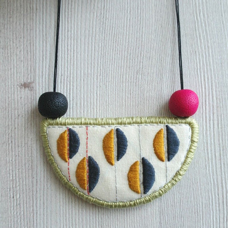 Hand Embroidered Fabric Crescent Necklace