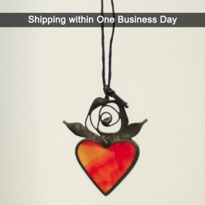 Red Heart Stained Glass Necklace with Delicate Leaves