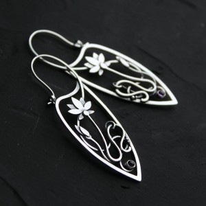 Silver Lotus Flower Earrings with Amethyst