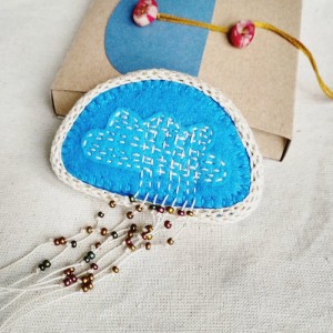 Hand Embroidered Rainy Cloud Brooch