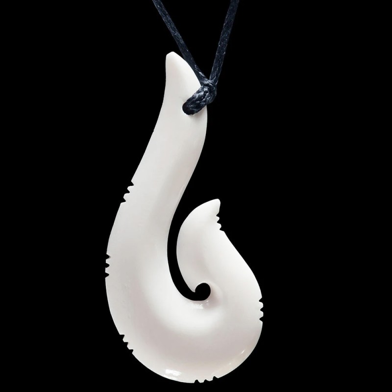 large hand carved bone fish hook necklace