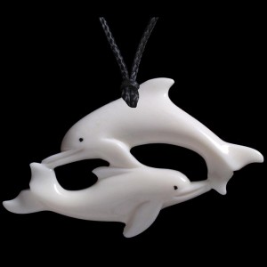 Handcrafted Playing Dolphins Bone Carving Necklace