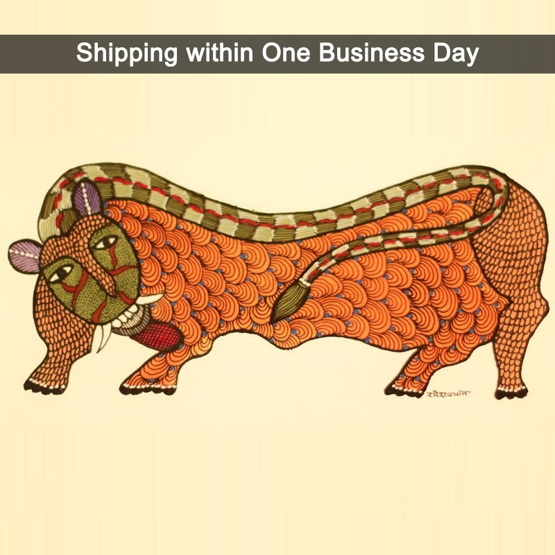 Orange Bull Painted in Traditional Indian Gond Style