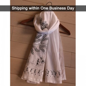 White Cotton Stole with Handpainted Warli Tribal Art and Applique Work