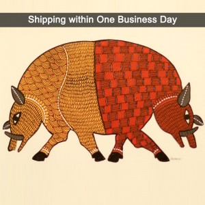 2 Bulls Painted in Traditional Indian Gond Style