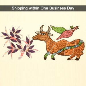 Cow and Bird Painted in Traditional Indian Gond Style