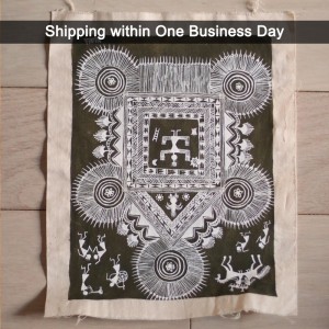 Tan and White Warli Tribal Painting on Cloth
