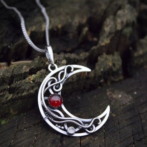 Red Garnet And Labradorite Moon - Silver Pendant