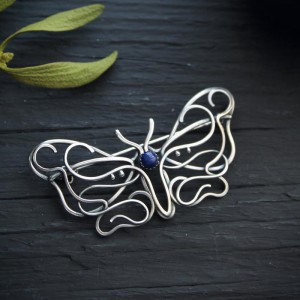 Handmade Lapis Lazuli Butterfly Brooch In Silver