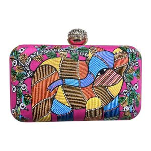 Pink Gond Art Elephant Clutch