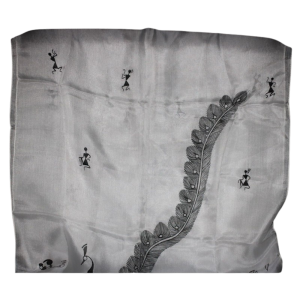 White Teppi Silk Stole in Indian Warli Style